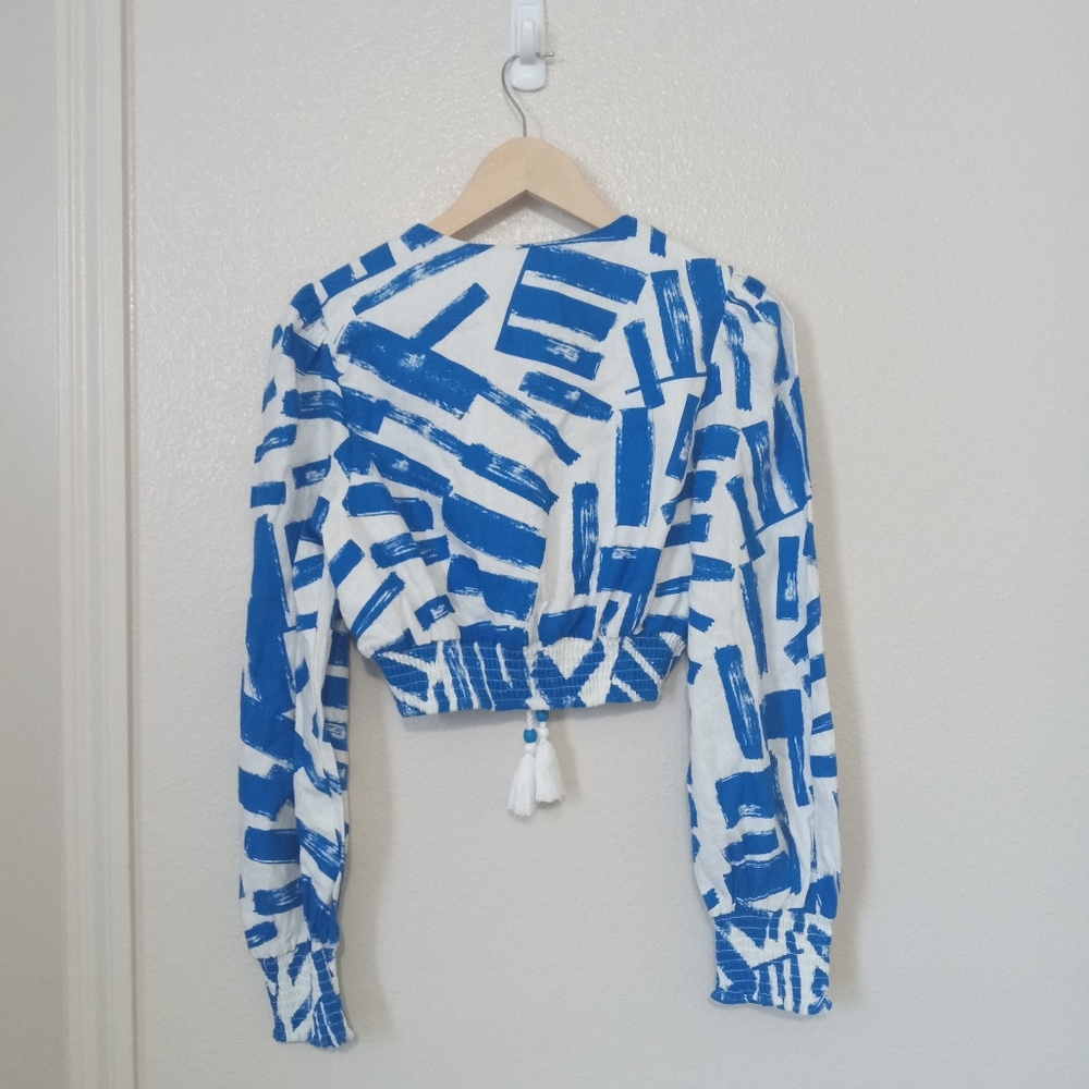 House Of Harlow 1960 Cropped Tassel Beaded Blue & White Top Small - Picture 4 of 8